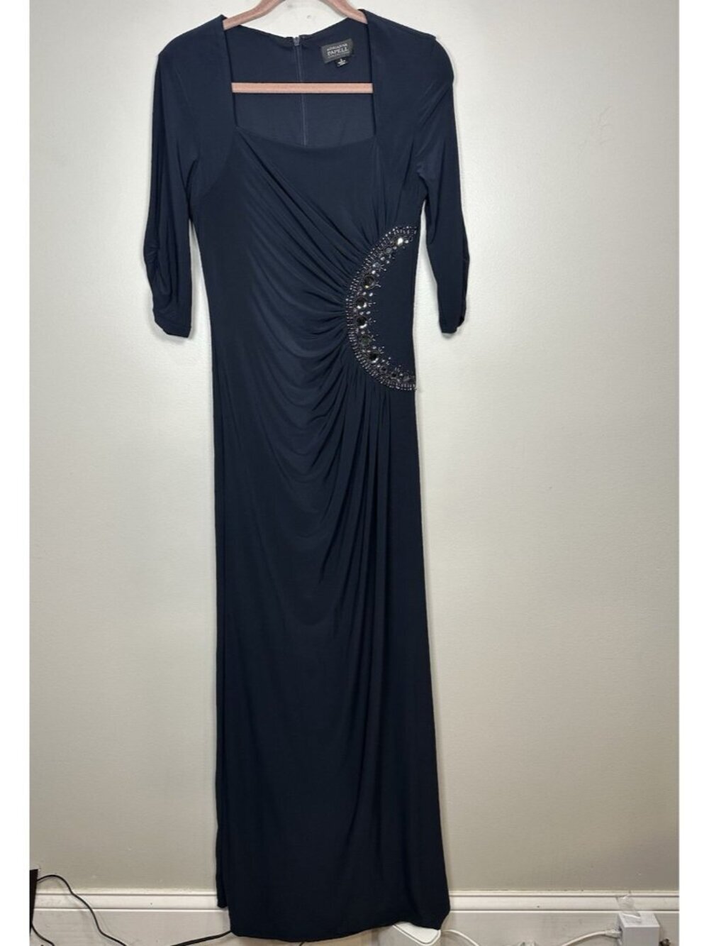 Adrianna Papell Jersey Gown Size 6 Navy Blue Eclipse Beaded Ruched Event Party